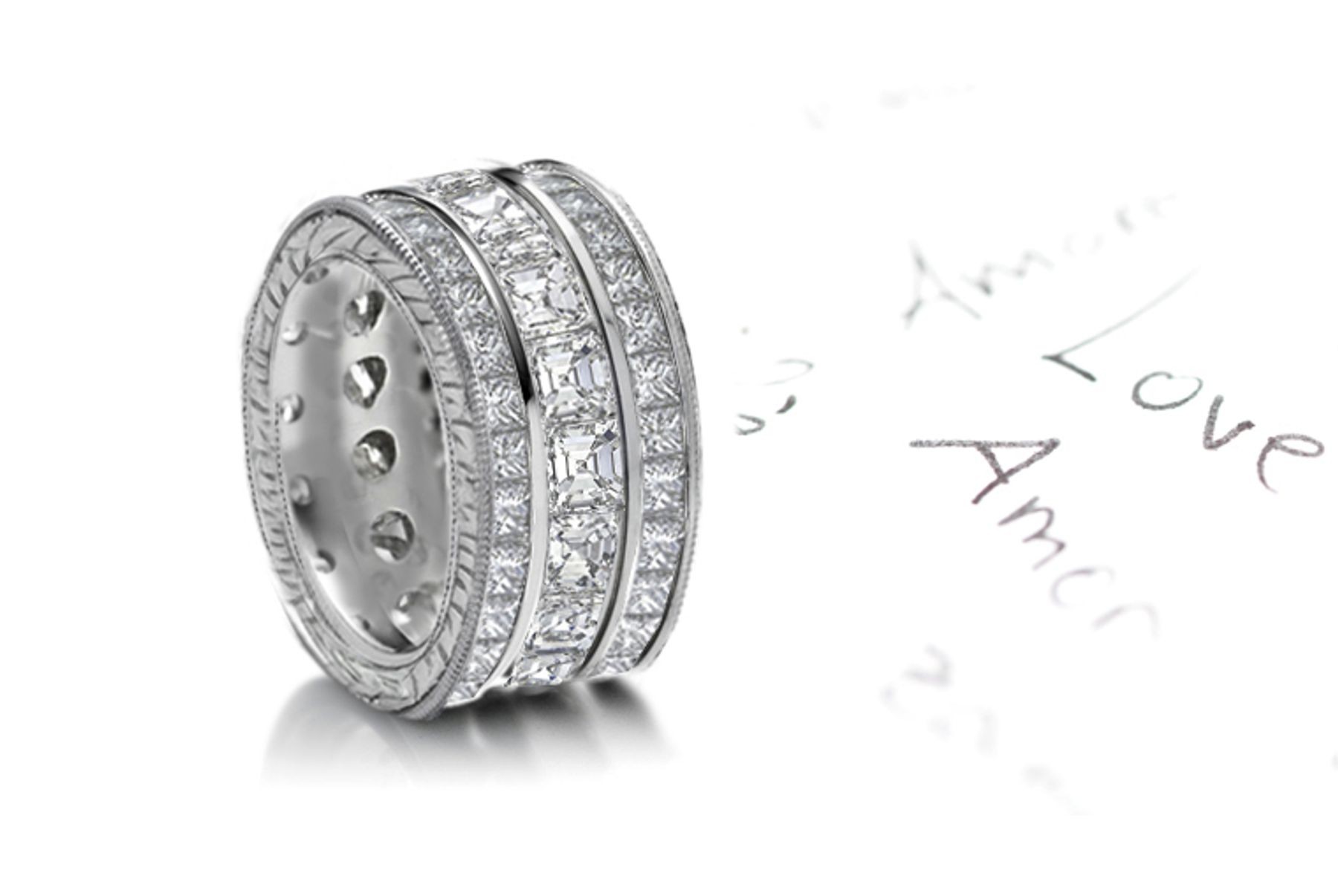 Three Rows of Sparkling Diamond Wedding Bands in Platinum & 14k Gold