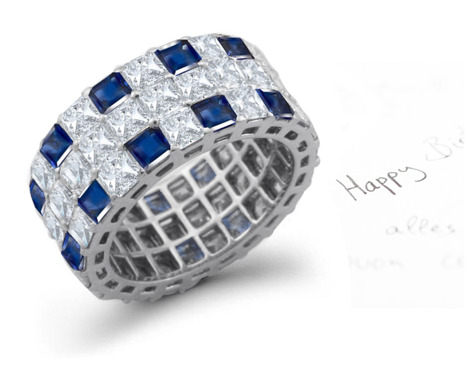 Collosal Triple Sparkling Rows of Princess Cut Diamond & Sapphire Eternity Gold Ring