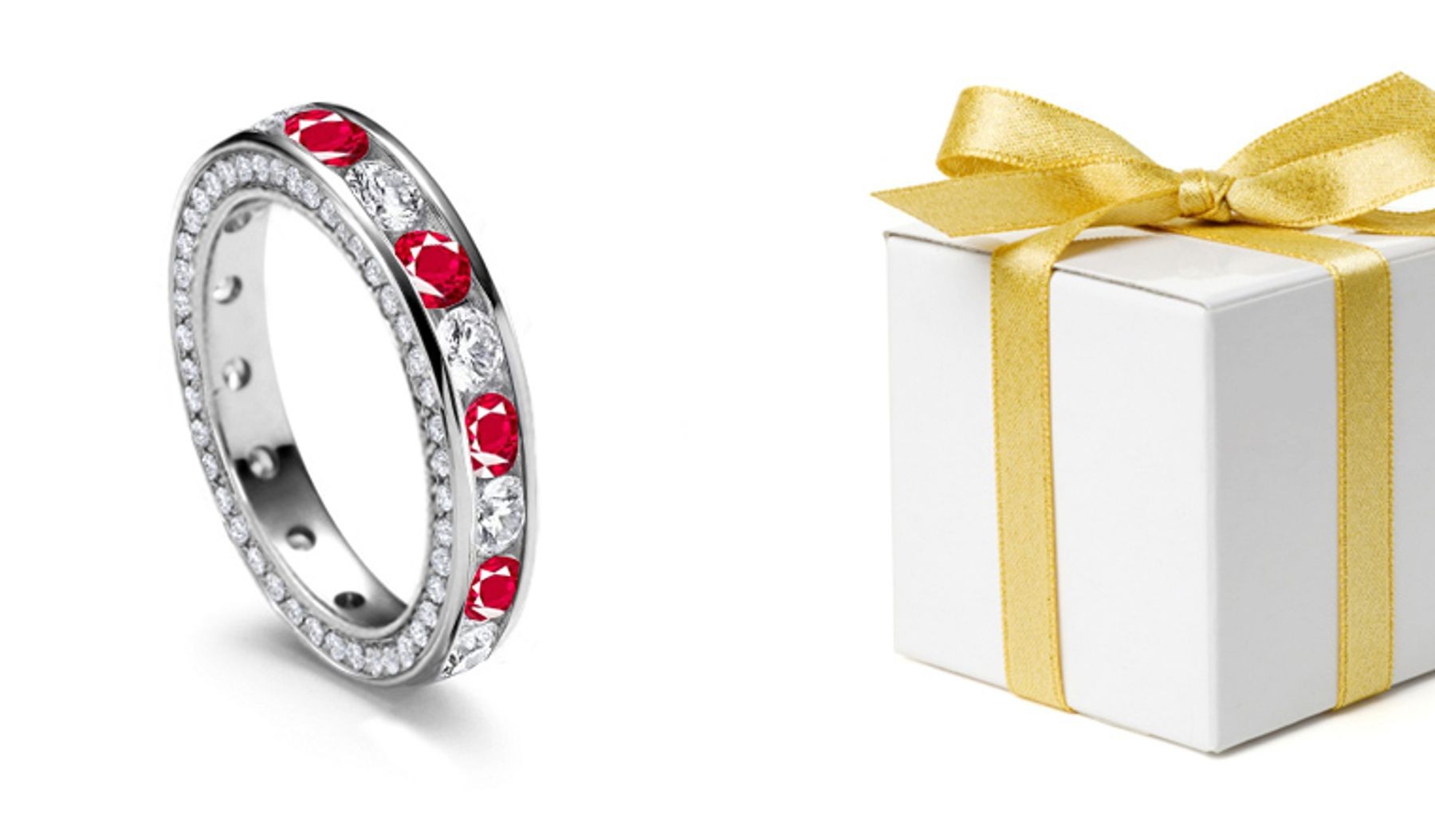 Celebrating Eternal Love: Sparkling Round Diamond & Ruby Eternity Ring With Sides Decorated