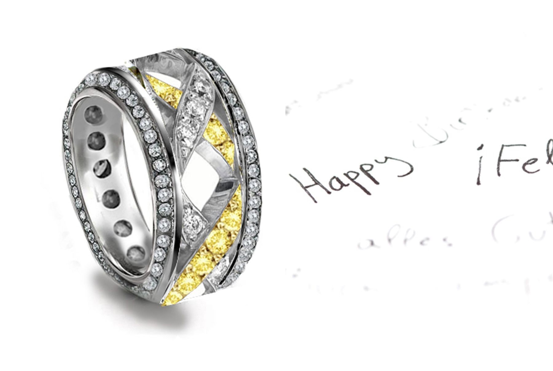 Celebration: 6 mm Wide Open Work Band Yellow Diamonds Micropavee around the Rhomboid Metal Frame All Around