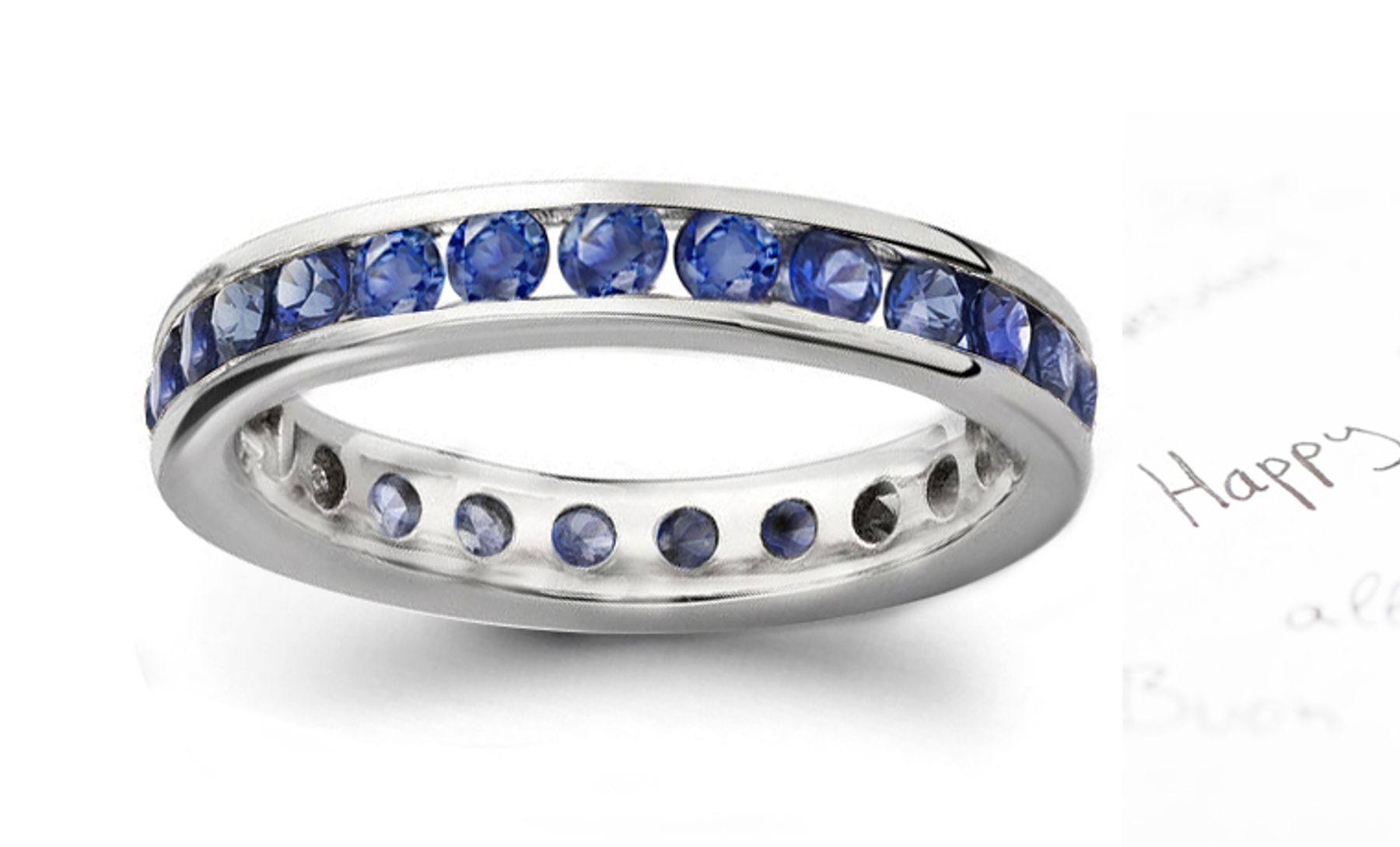 Vibrant, Lucious Corn Flower Blue Sapphire Eternity Anniversary Gold Band