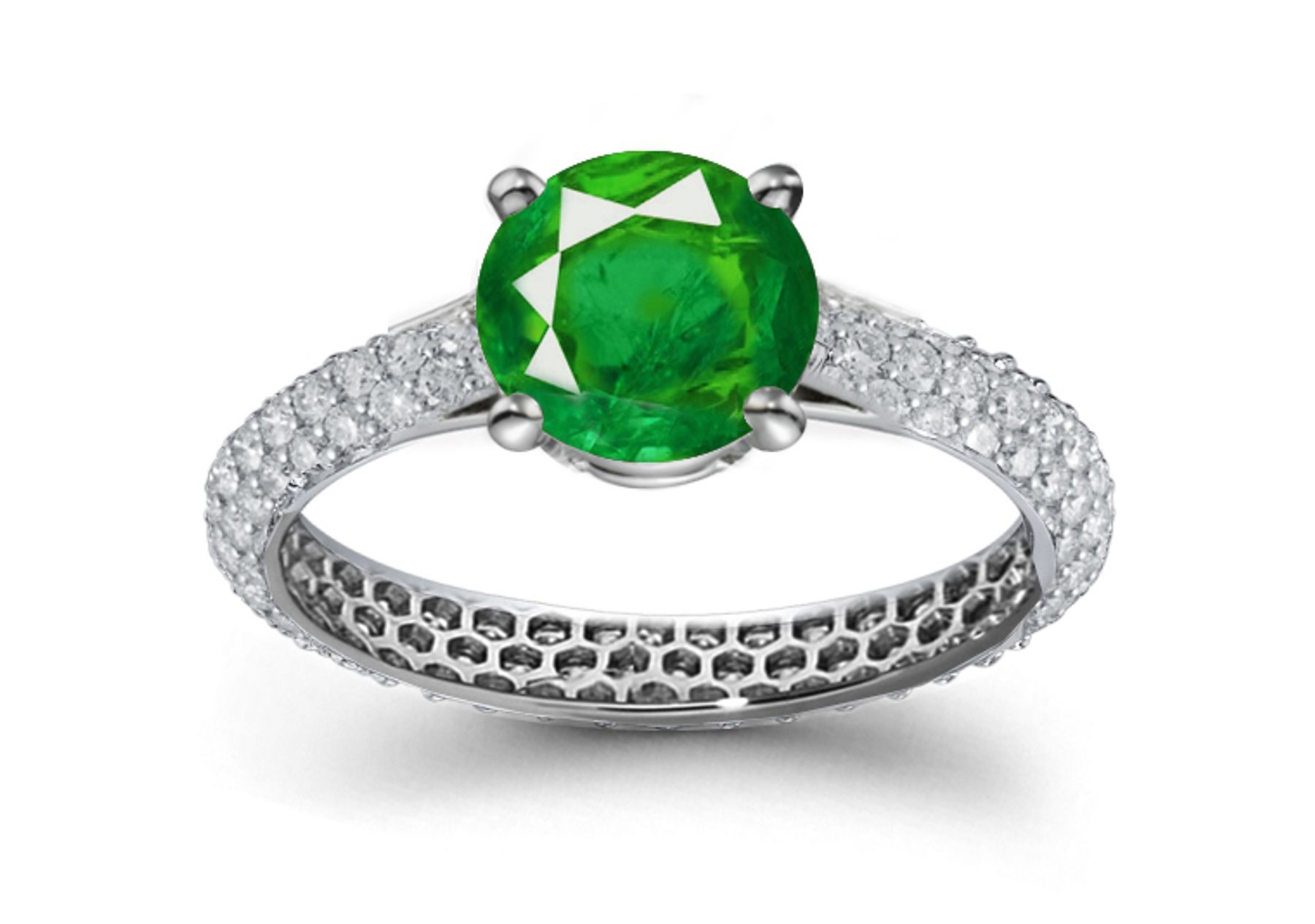 New French Styles: Old 'Balzac' & "Voltair"e French Pave' Brilliant Emerald & Geniuine Diamond Ring in 14k White Gold 2.78 - 2.80 cts