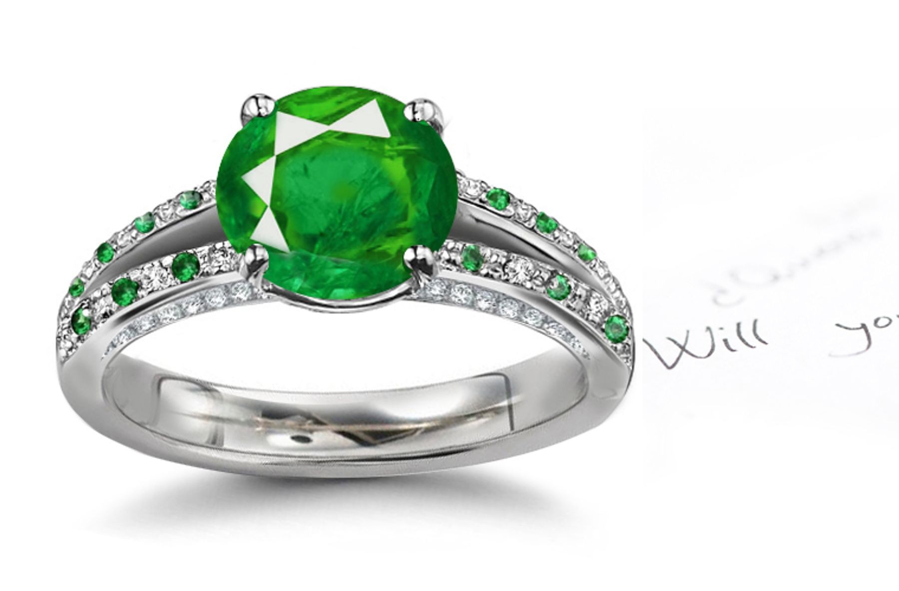 Blazing With Gems: Wordly Presence Split-Shank Diamond & Emerald Gold Ring in 14k White & Enduring Strong Fine Diamond