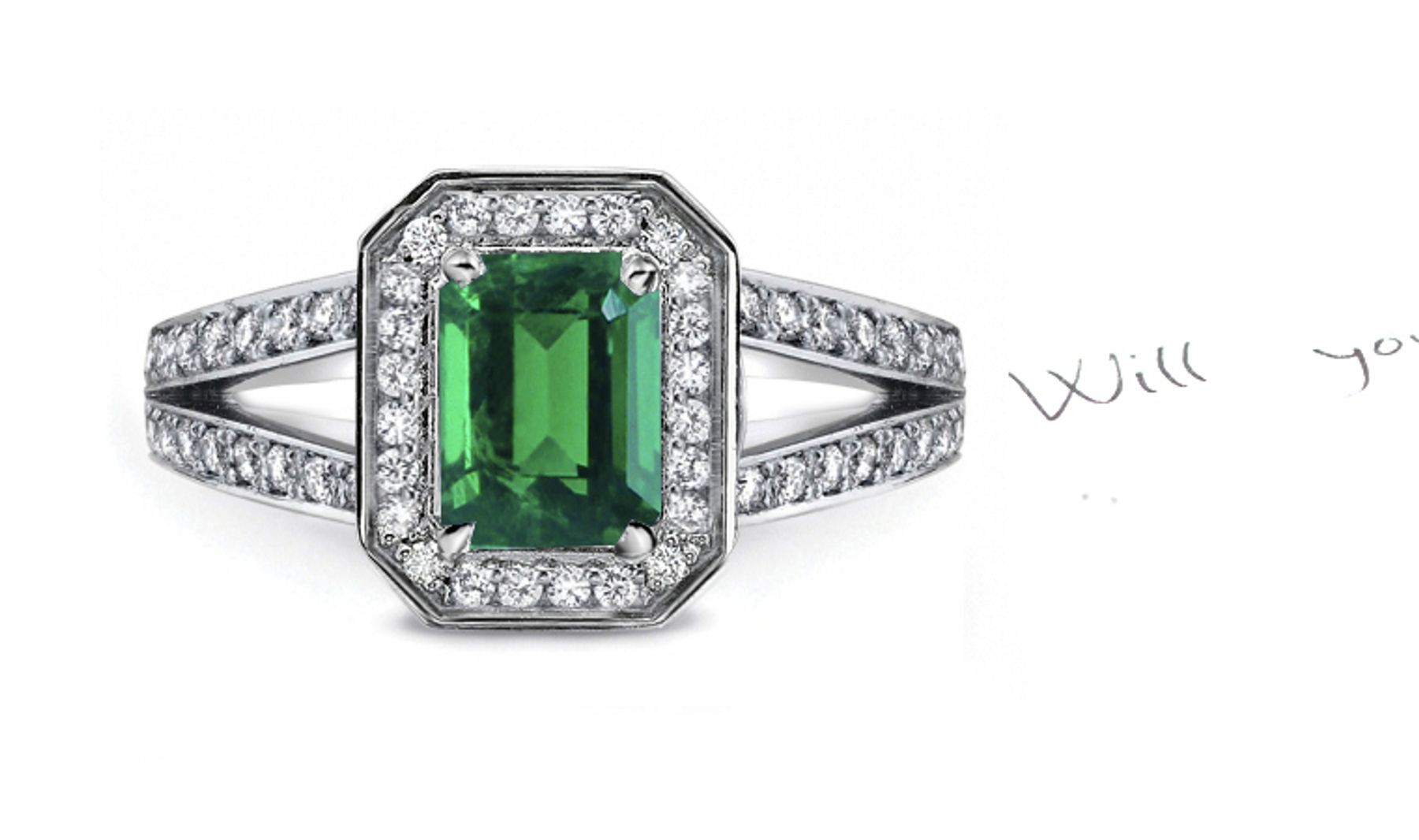 Brilliant Crystal Green Emerald Cut Emerald & Diamond Halo & Chevron Ancient Design Ring