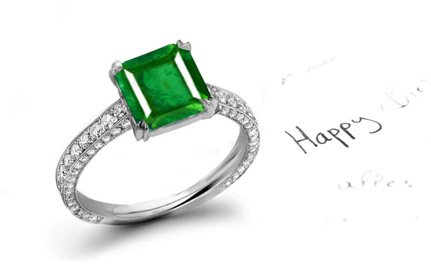 Perfect Astonishing Gift: Truly Enchanting Brightly Tinged Emerald, Diamond French Micropave & Gold Ring