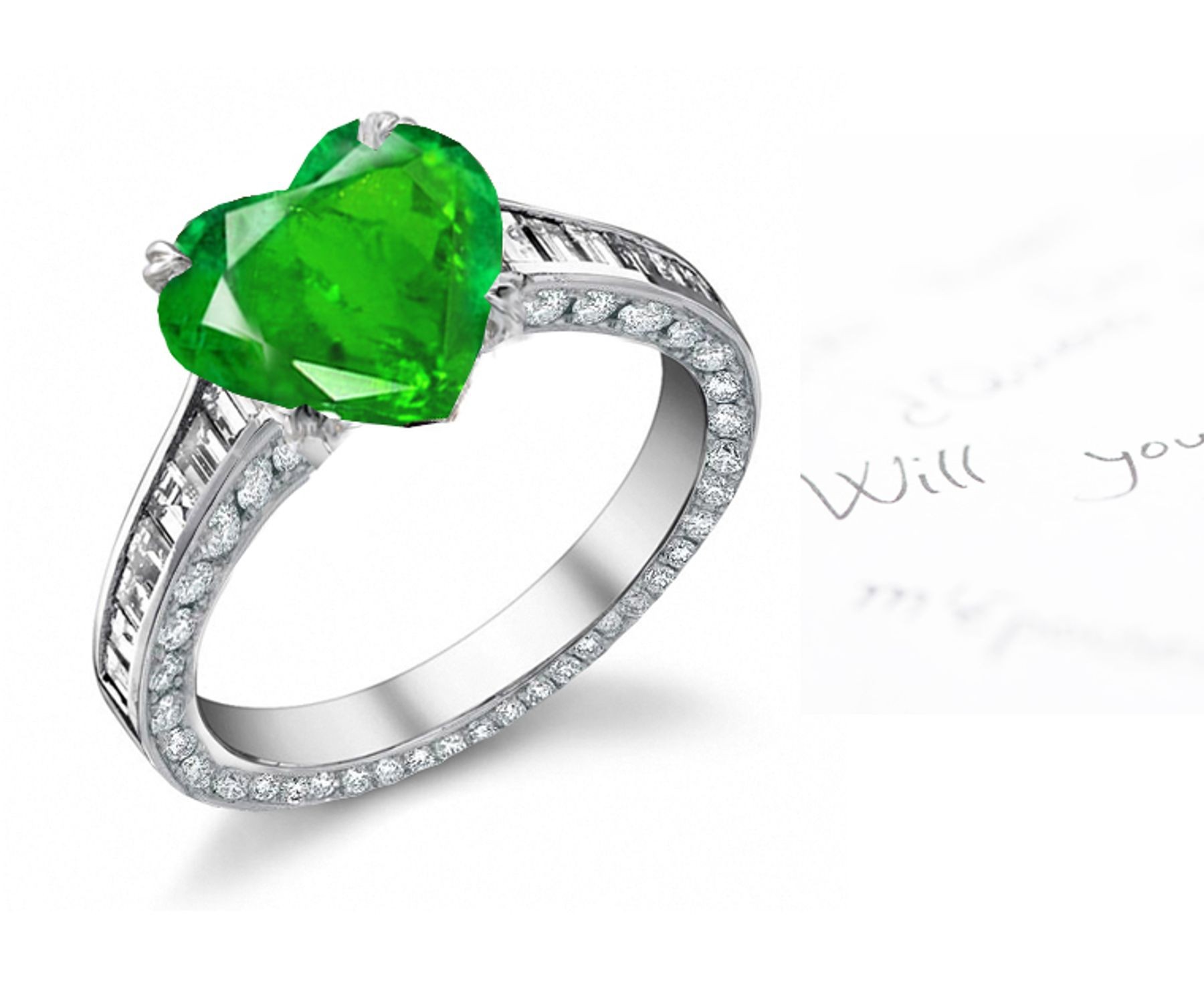 Treasures of Nature: Gold & Heart Emerald & Baguette Diamond Halo Eternity Ring