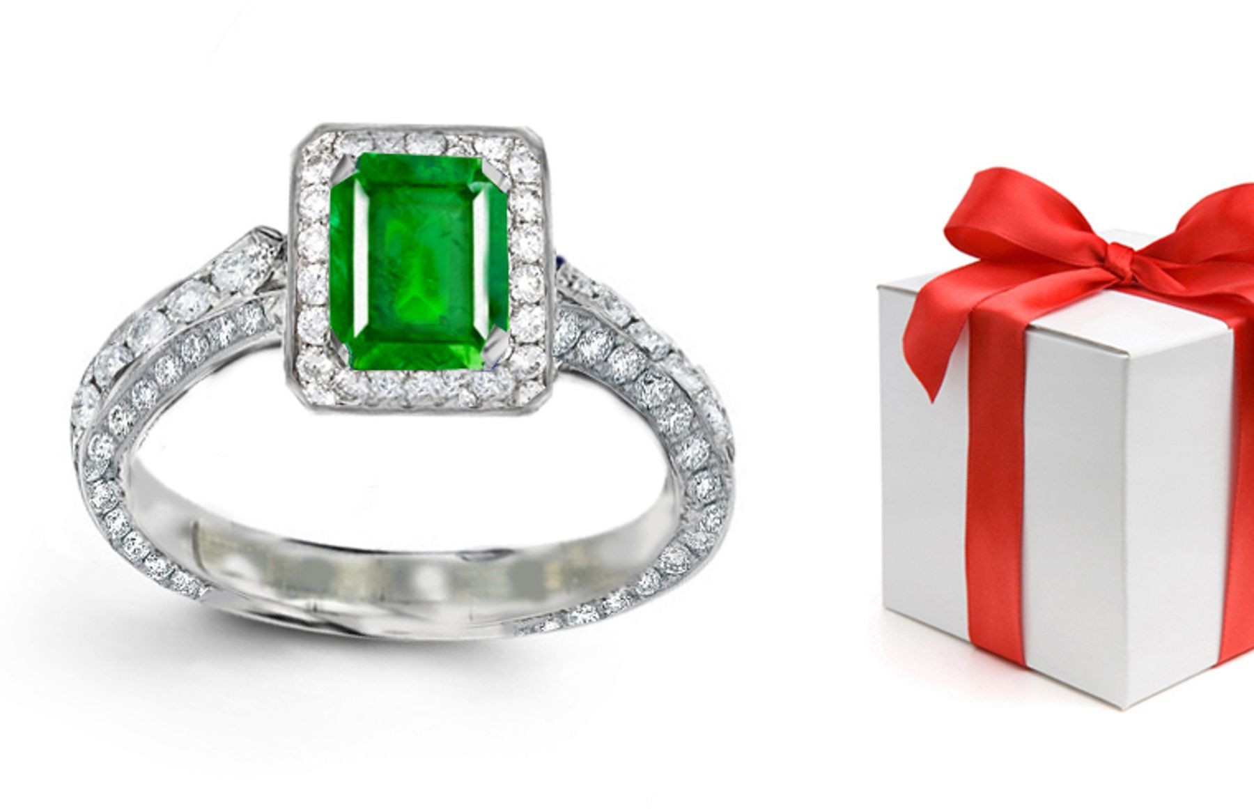 Three-stone Diamond Rings: This Ring Justifies Its Title, Elegant Long Lines in Emerald Cut Emerald & Diamond Halo Light