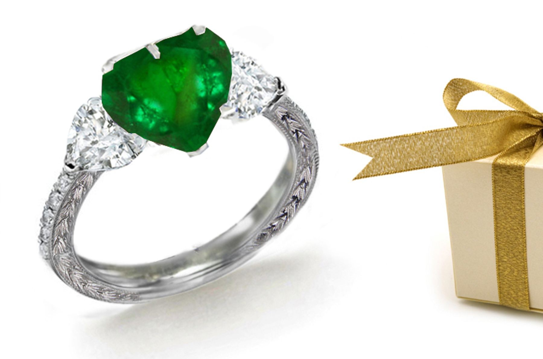 New Design Composition: Center Heart Diamond & Heart Emerald Side Stones 3 Stone Ring
