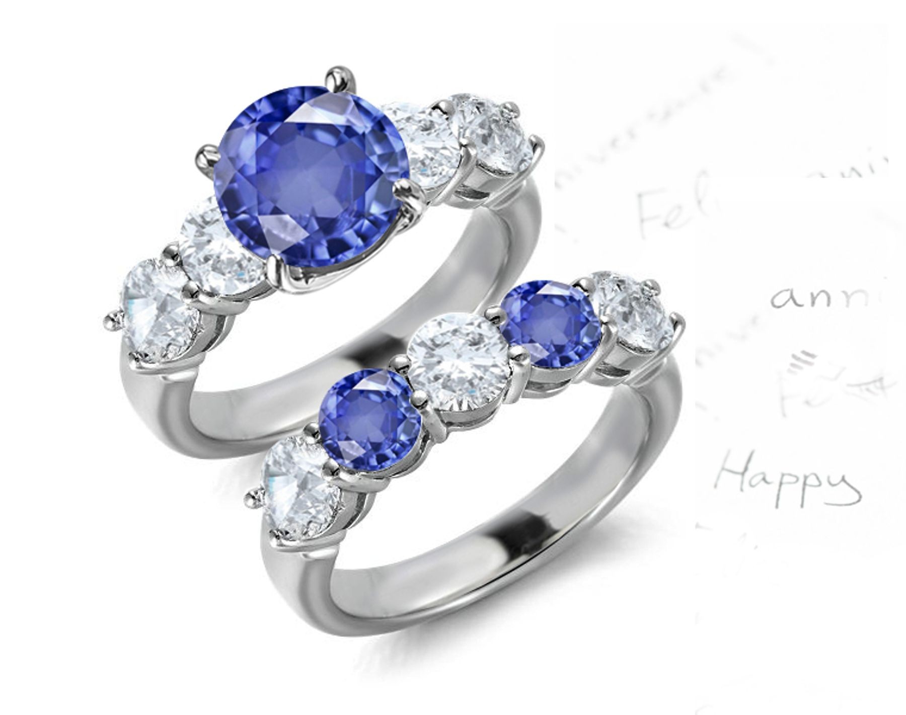 God Hath Joined Together: 5 Stone Style Diamond Velvety Blue Sapphire Ring & 5 Stone Style Gold Anniversary Band