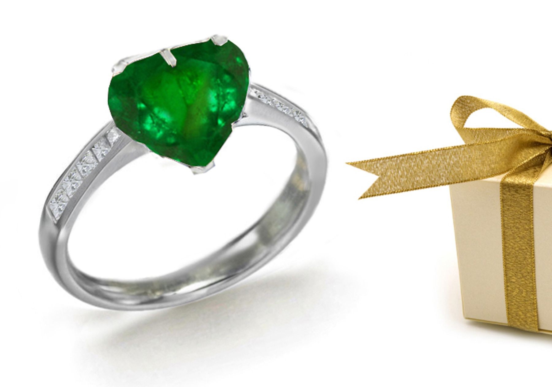 Stylistic Features: Center Heart Emerald Solitaire Platinum Ring with Side Diamond Accents