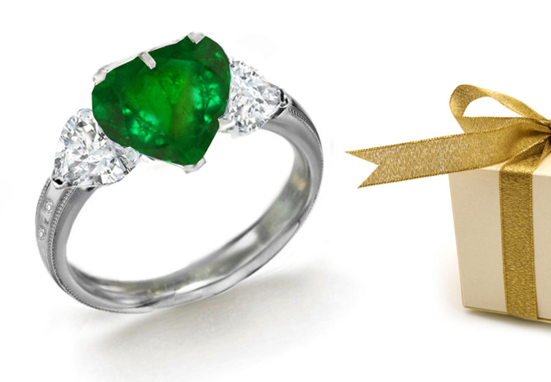 Ladies Three-stone Rings: Center Heart Diamond & Heart Emeralds Side Stones 3 Stone Vintage Ring