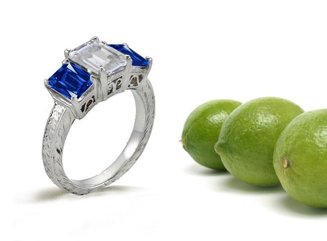 Stone of Beauty & Power 3 Stone Emerald Cut Diamond & Sapphire Eyestone Ring