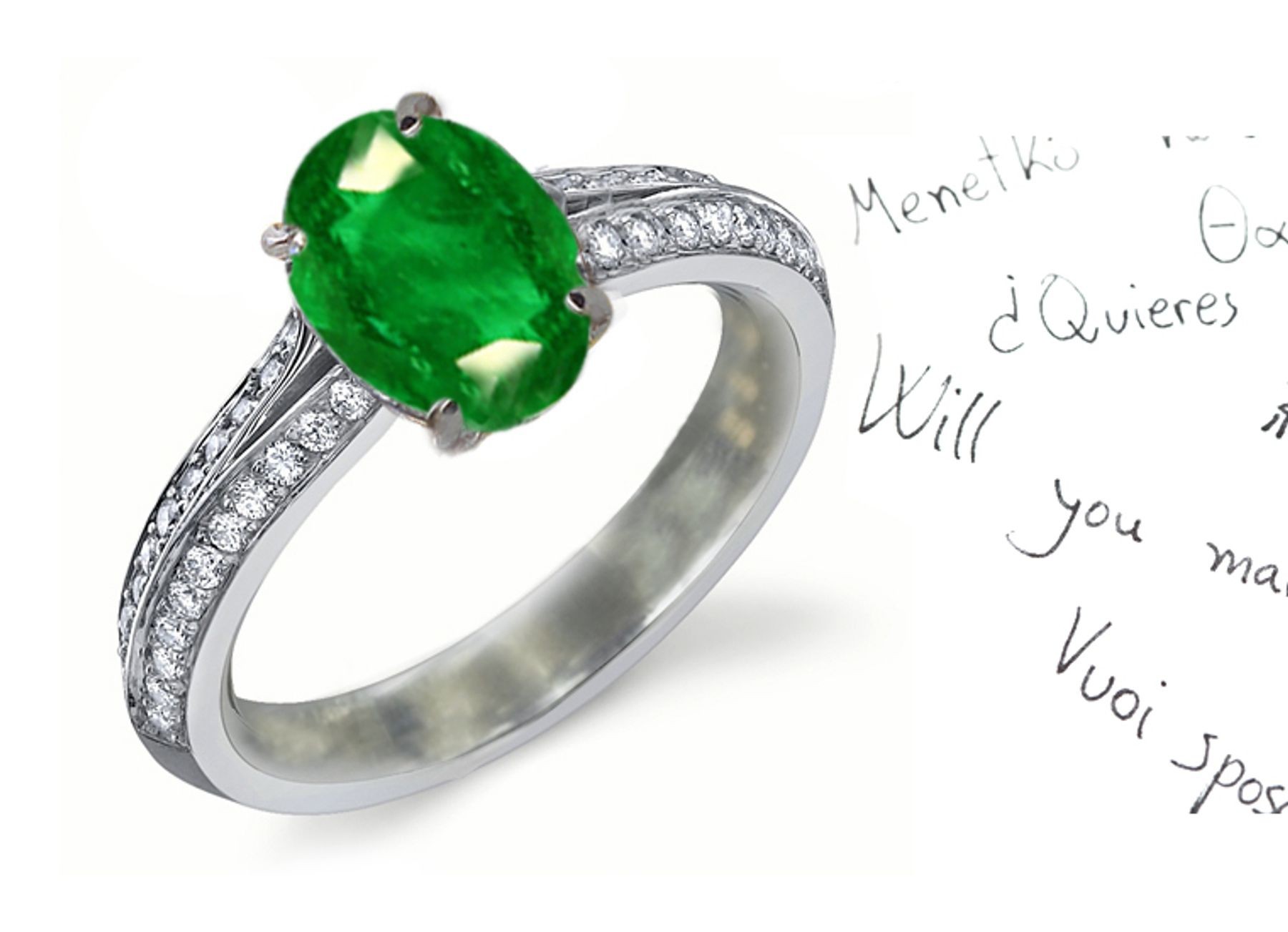 Diamond Incrusted Shank: Split Shank Gold & Oval Emerald Diamond Engagement Gold Ring
