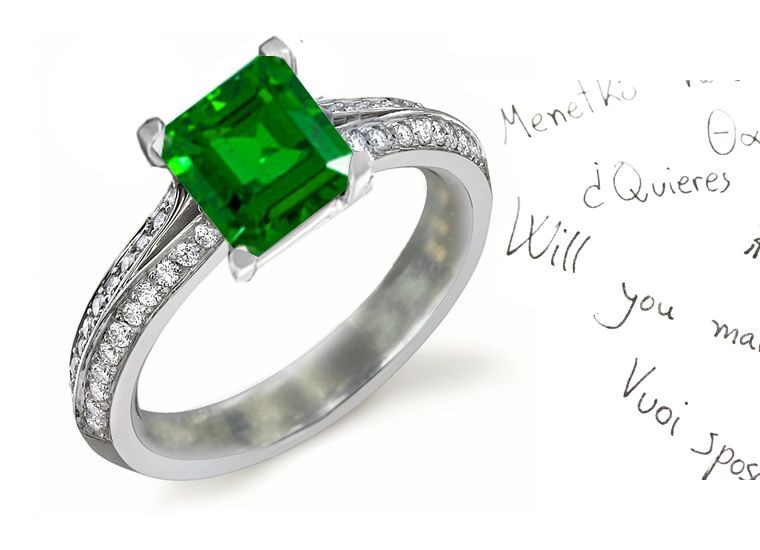 Single or Double Rows of Diamonds: Split Shank Square Cut Emerald Brlliant Diamond Ring