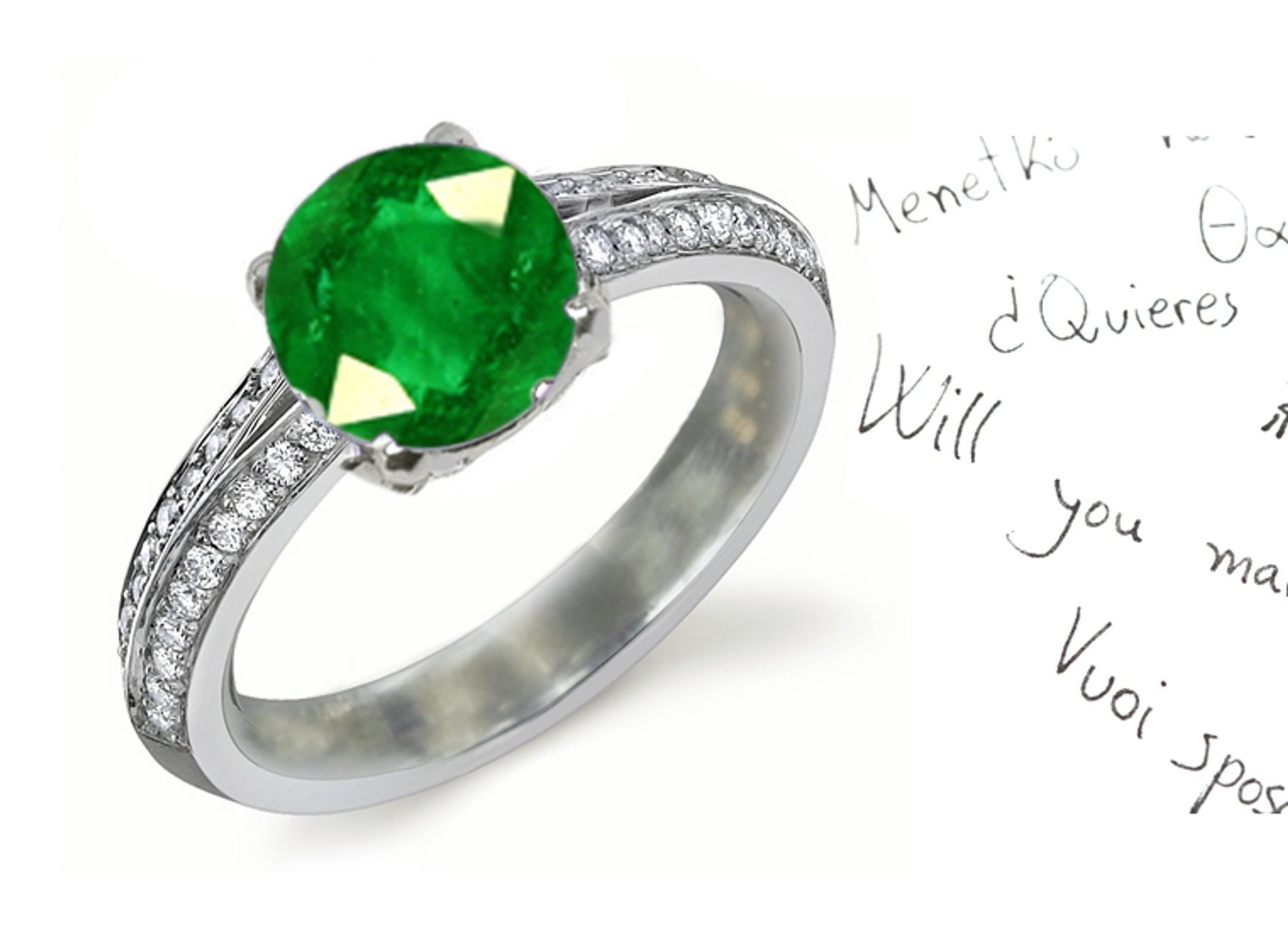 Solitaire Emerald: Split Shank Faceted Round Emerald & Brilliant Diamond Engagement Ring