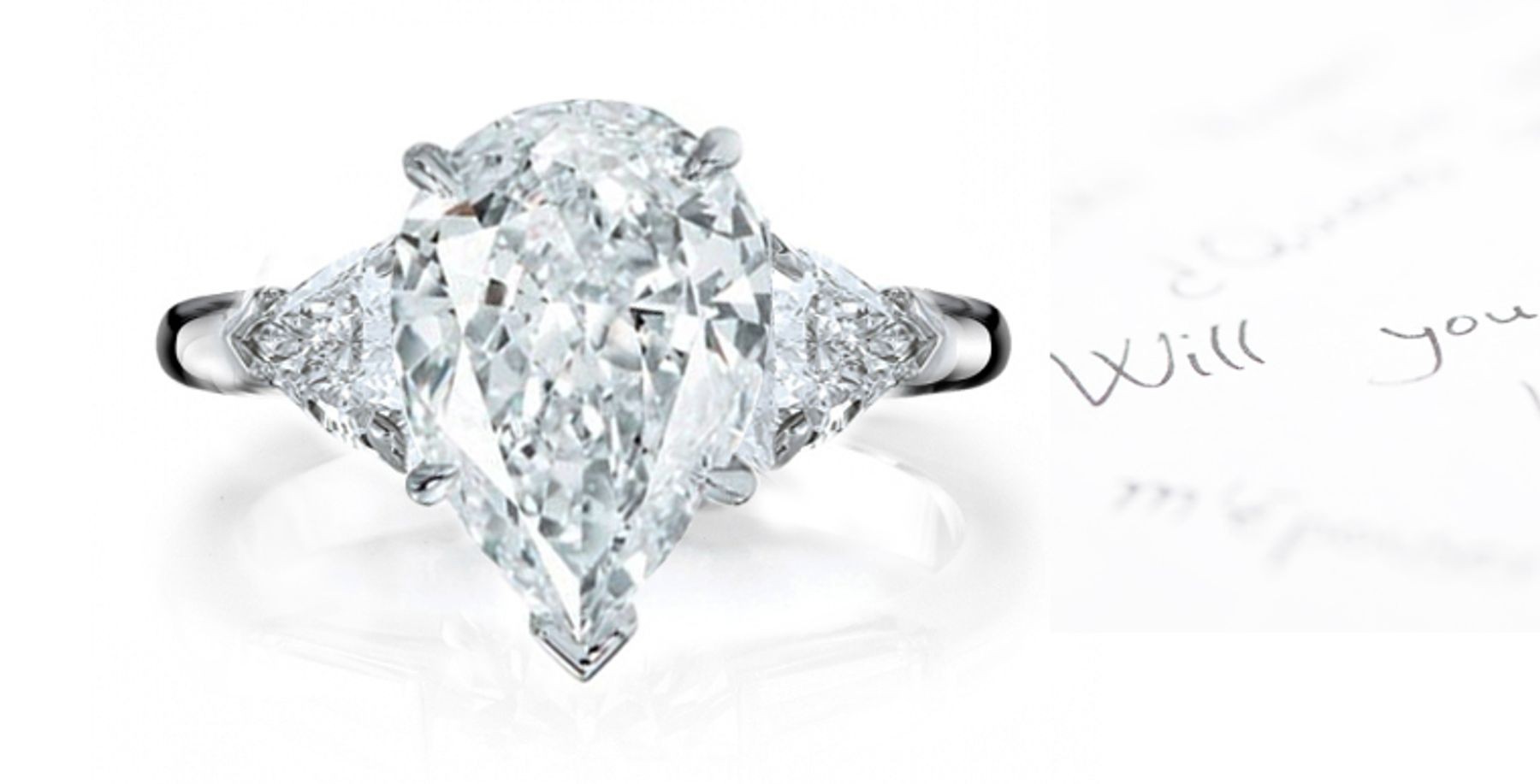 Three Stone Pears & Trillion Diamond Ring in 14k White Fold & Platinum Size 3 to 8