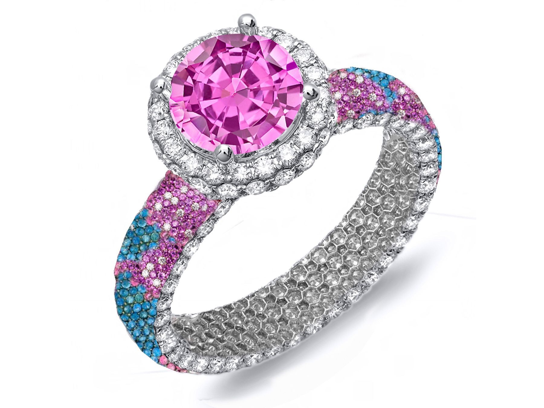 Alternative Pave Cluster Diamond & Multi-Colored Precious Stones Rubies, Emeralds & Blue, Pink, Purple, Yellow Sapphires