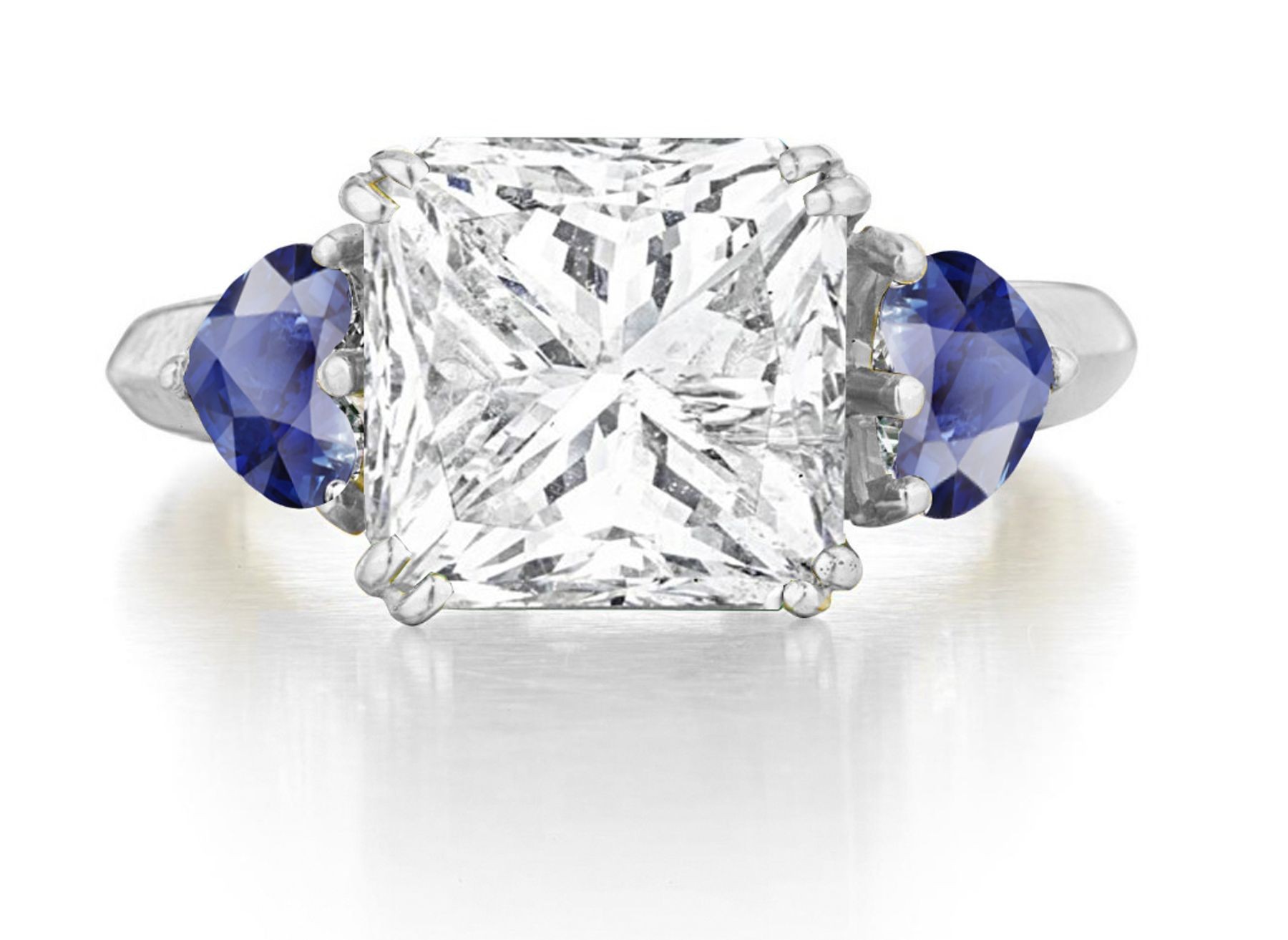 Premium Quality Unique Princess Cut Diamond & Blue Sapphire Heart Three Stone Rings