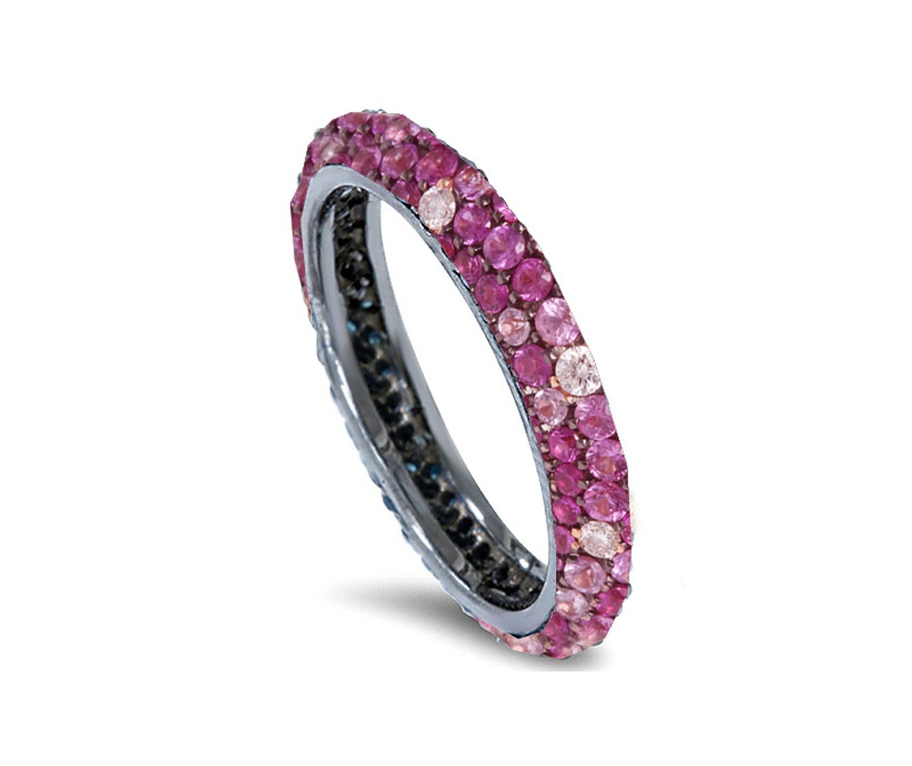 Delicate Women's Eternity Rings Featuring Vivid Pink Sapphires & Diamonds in Precision Micro pave Settings