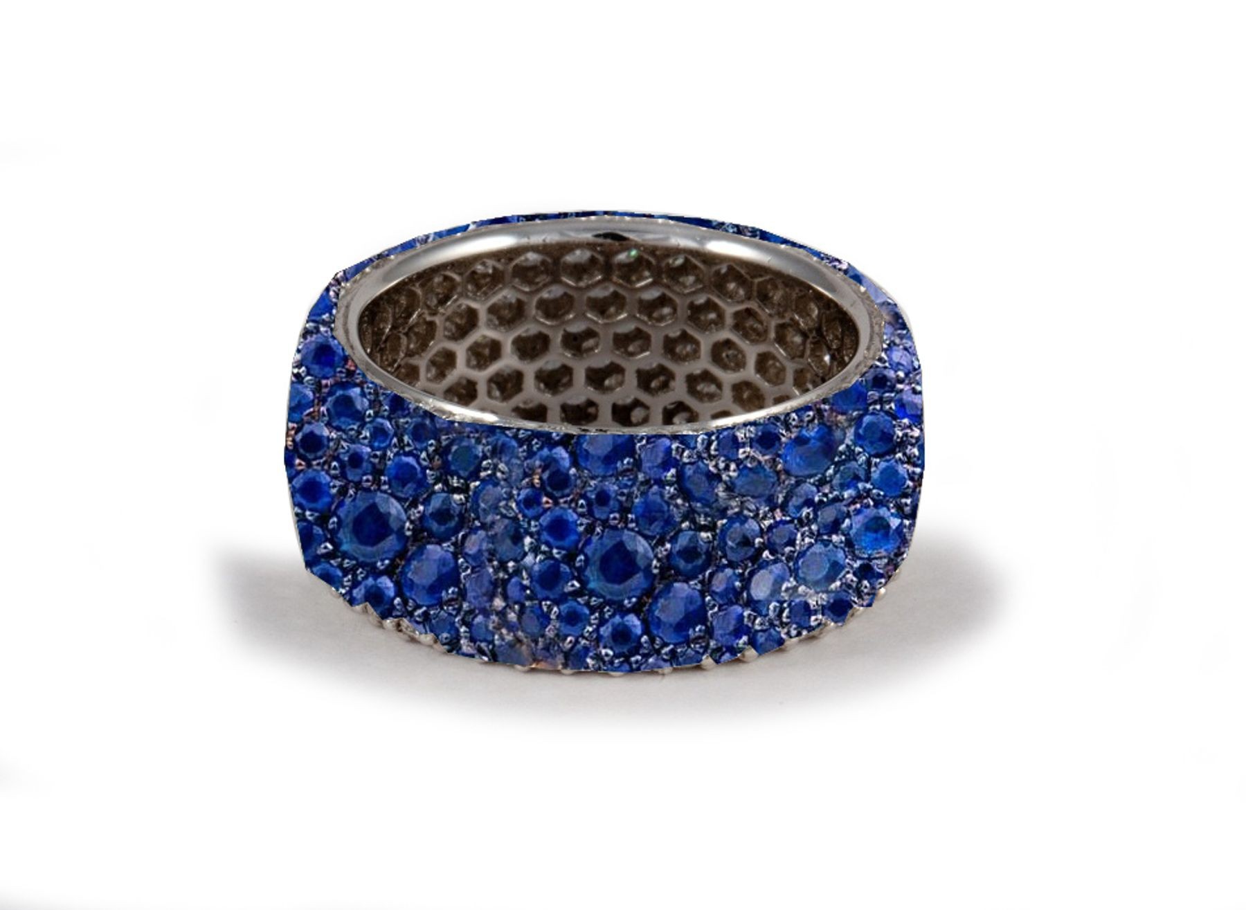 Latest Collection: Women's Halo Micro pave Precision Set Blue Sapphire Eternity Rings Available in Gold or Platinum for Wedding or Anniversary