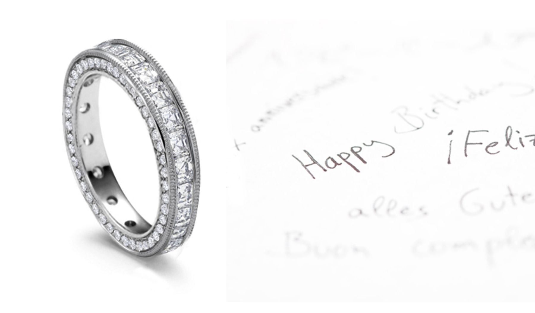 Ancient History of Beauty: Glittering Asscher Cut Diamonds are Channel Set with Spiraling Motifs on Platinum Band Sides