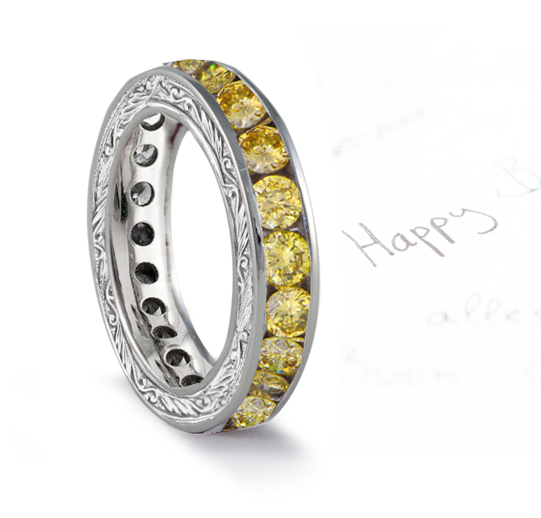 Antique Style Yellow Diamond Band Sides Profusely Engraved with Scroll, Floral & Leaf Motifs