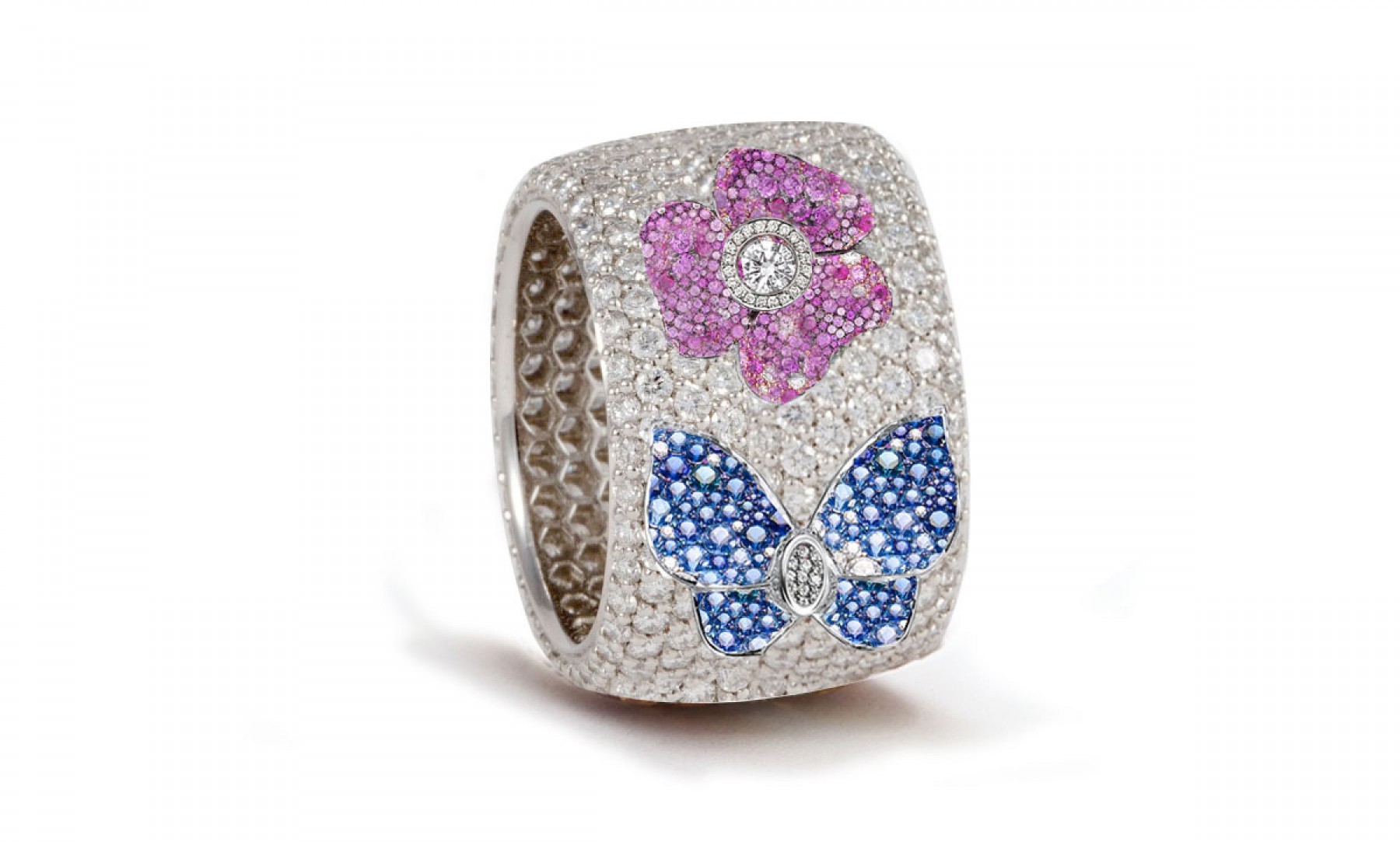 High Quality French pavee Multi-Colored Sapphire & Brilliant-Cut Round Diamond Butterfly & Flower Eternity Rings & Bands