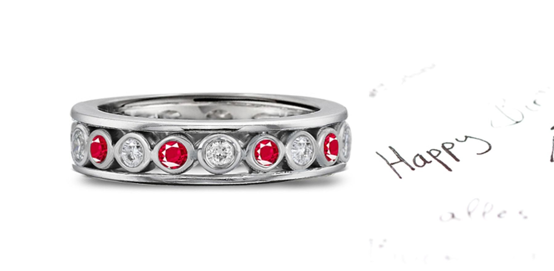 Bezel Set Diamond & Ruby Band Set Between Two Raised Platinum Bands in Ring Size 3 to 8