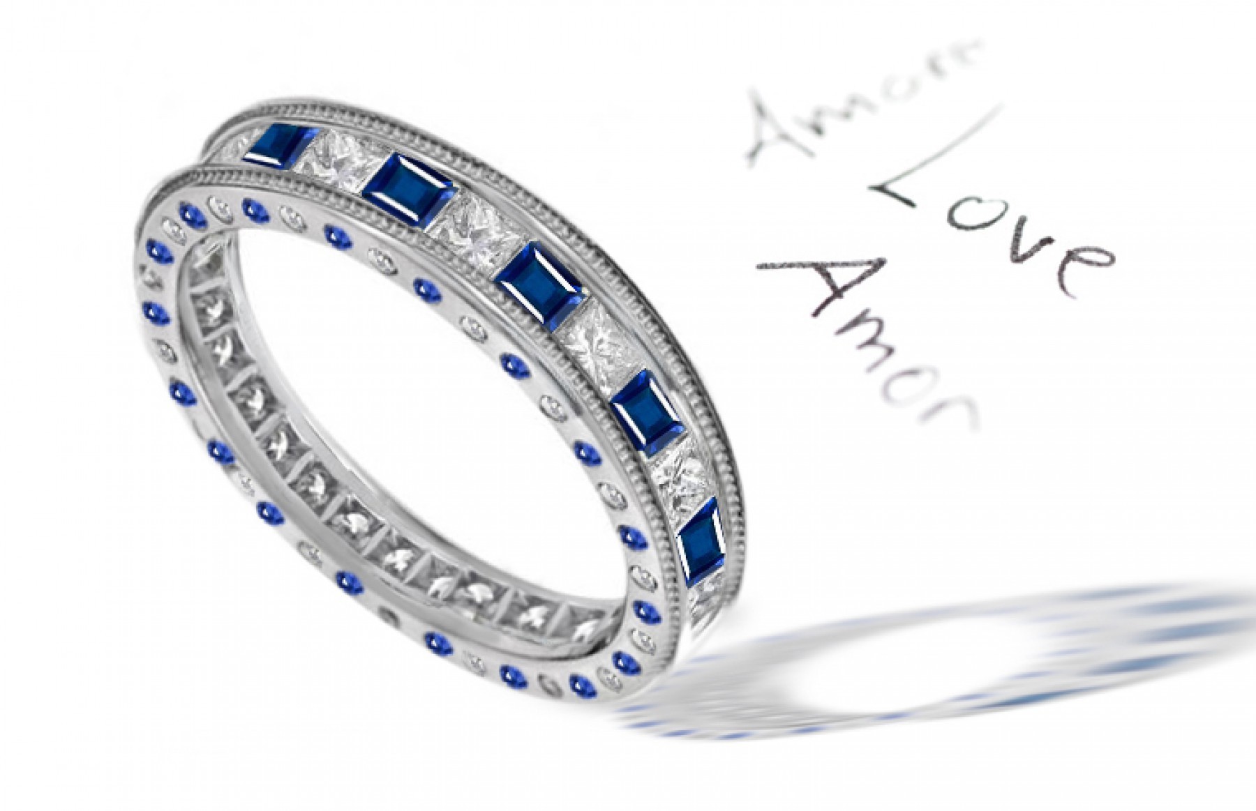 Princess Cut Sapphire & Diamond Eternity Halo Gold Wedding Ring