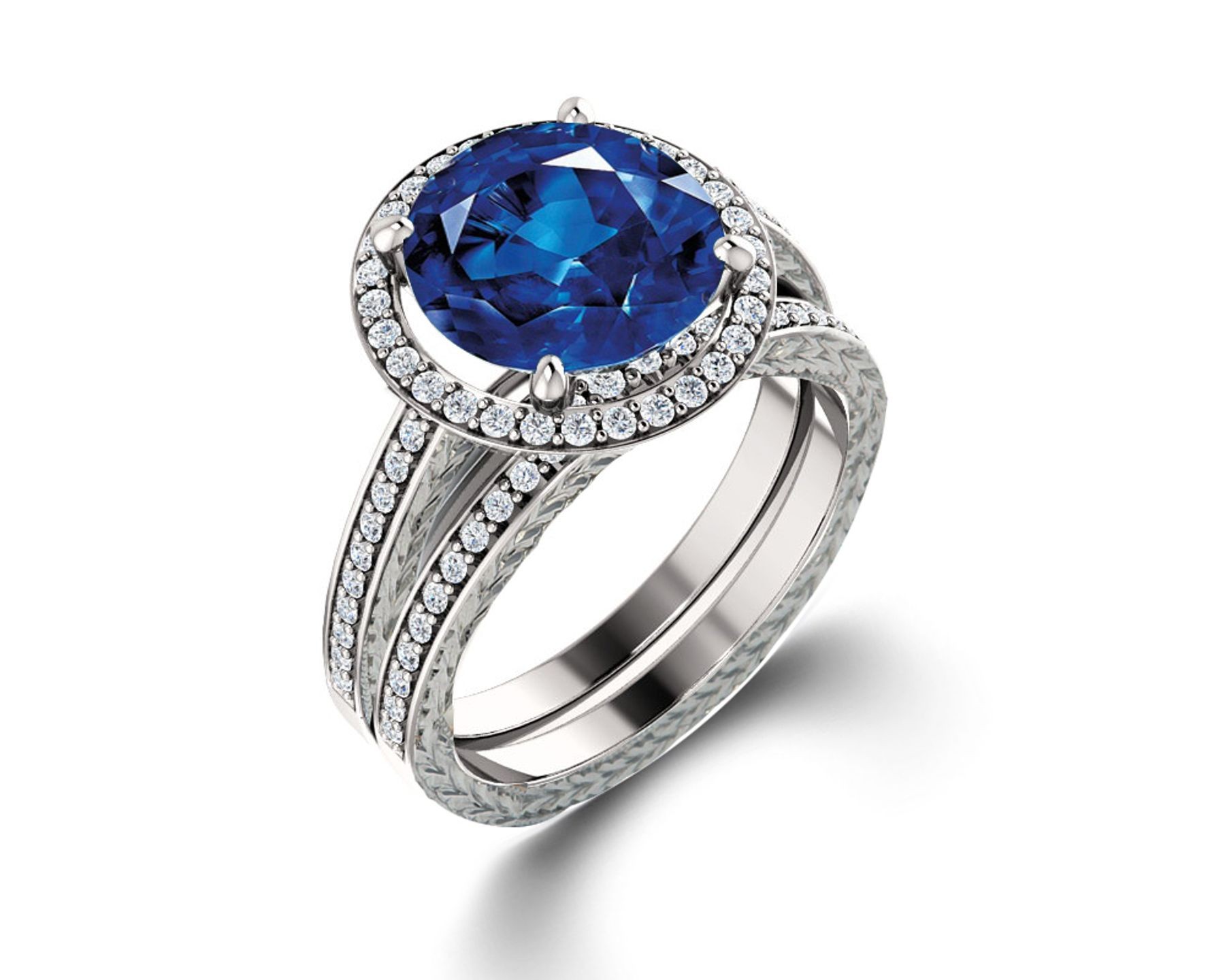 Delicate Micro Pave Halo Vivid Blue Sapphires & Brilliant-Cut Round Diamonds Designer Engagement Rings