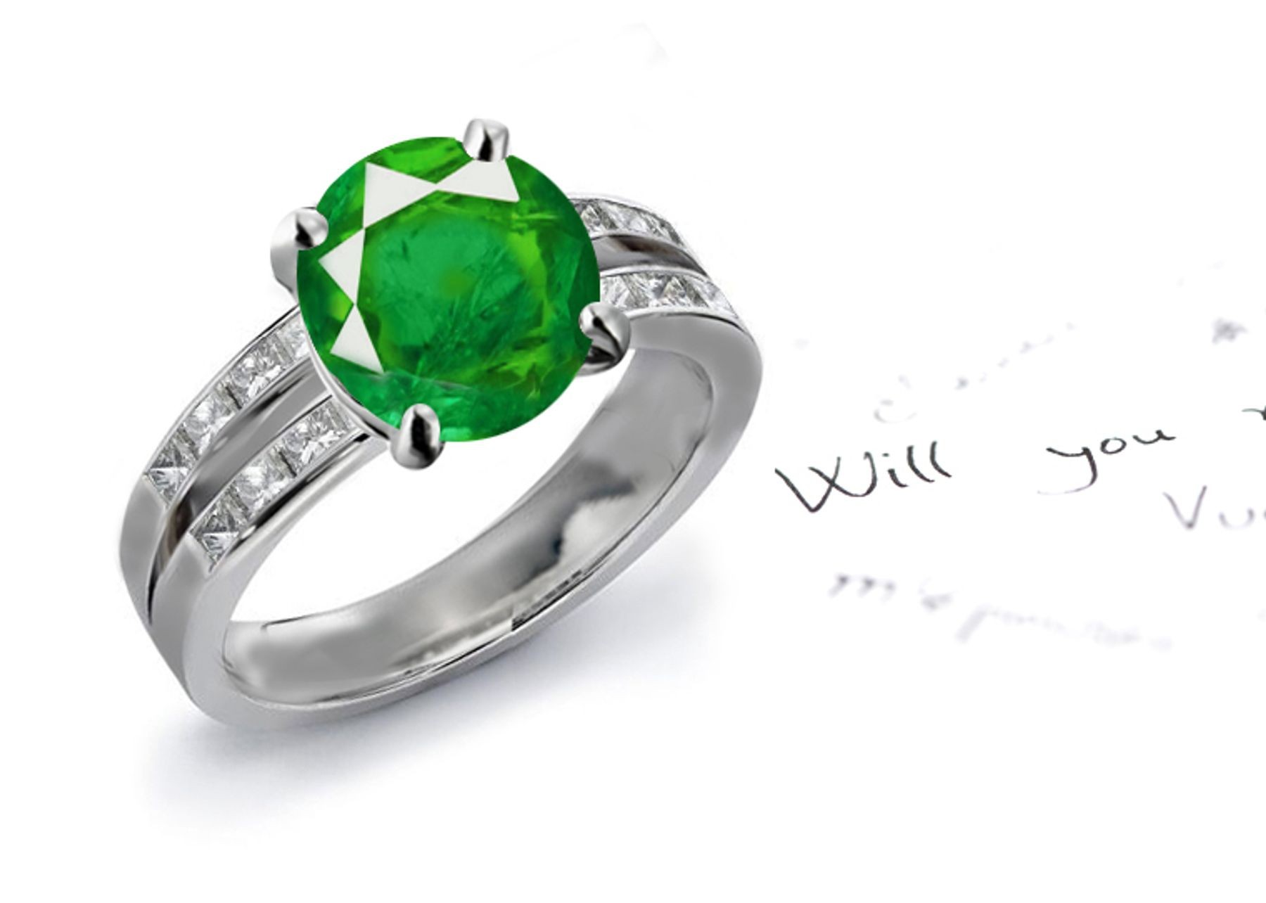Sets Made Up As Desired: Perfect Channel Set Emerald Diamond Gold Ring in 14k White 