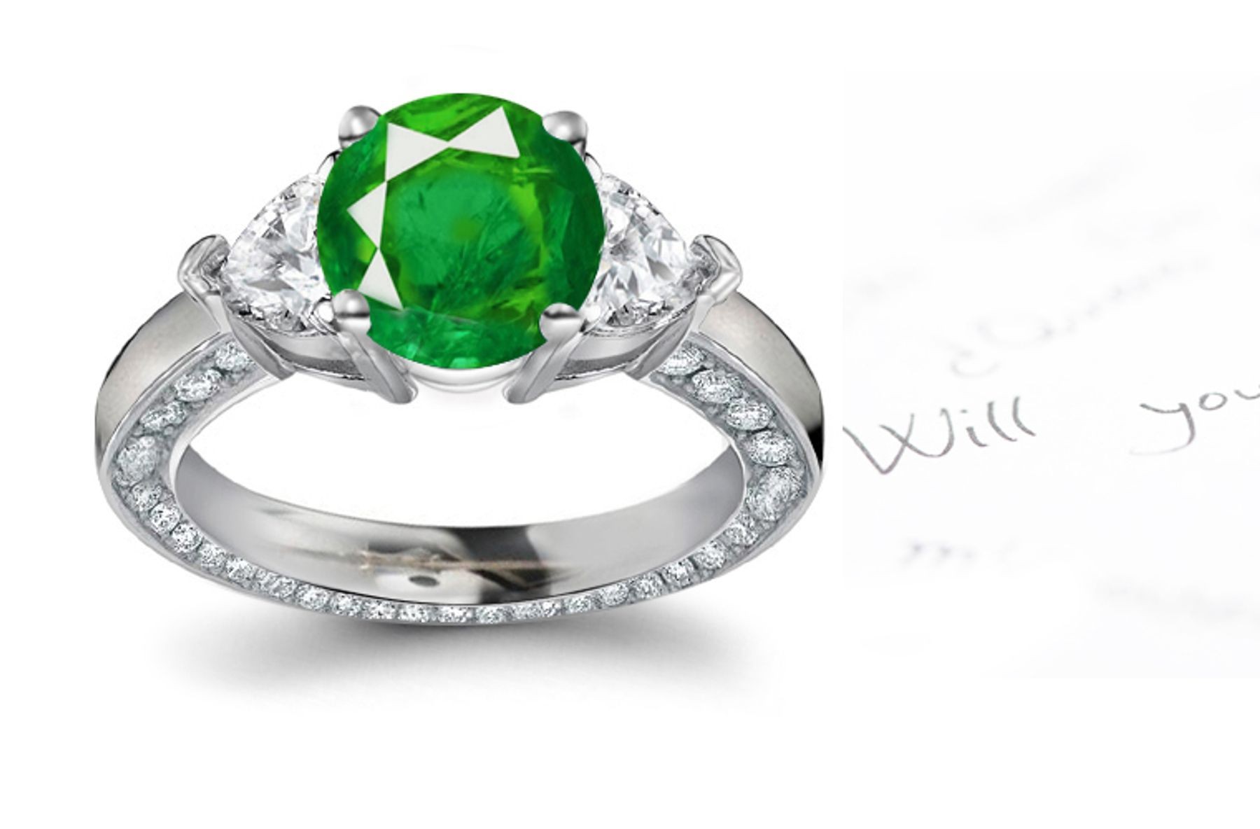 Finest & Most Attractive: Eternal Offering 3 Stone Heart Diamond & Round Emerald Divine God Halo Exclusive Service Ring