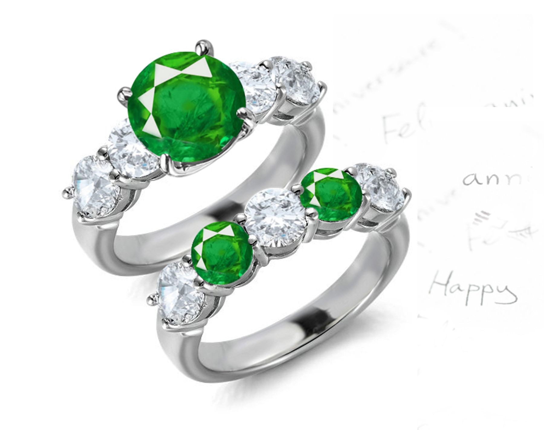 Beautiful Green Hue: Designer 5 Stone Shared Prong Set Emerald and Diamond Ring & Also 5 Stone Covering Matching Shield Fold Plate Cross Forming Band