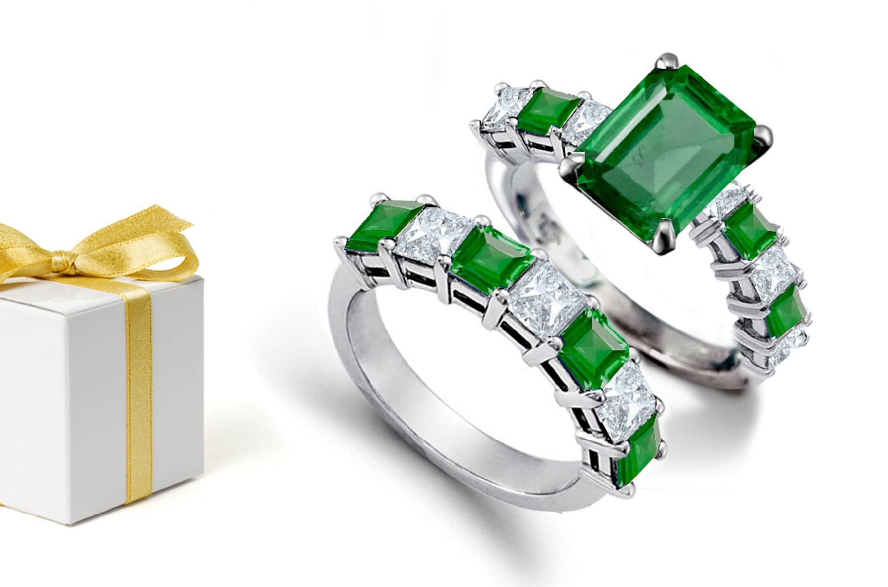Gem of Spring: This Unseen ring features a Emerald Cut Emerald in Center & Princess Cut Diamond Ring & A Line Square Emerald & Diamond Anniversary Band