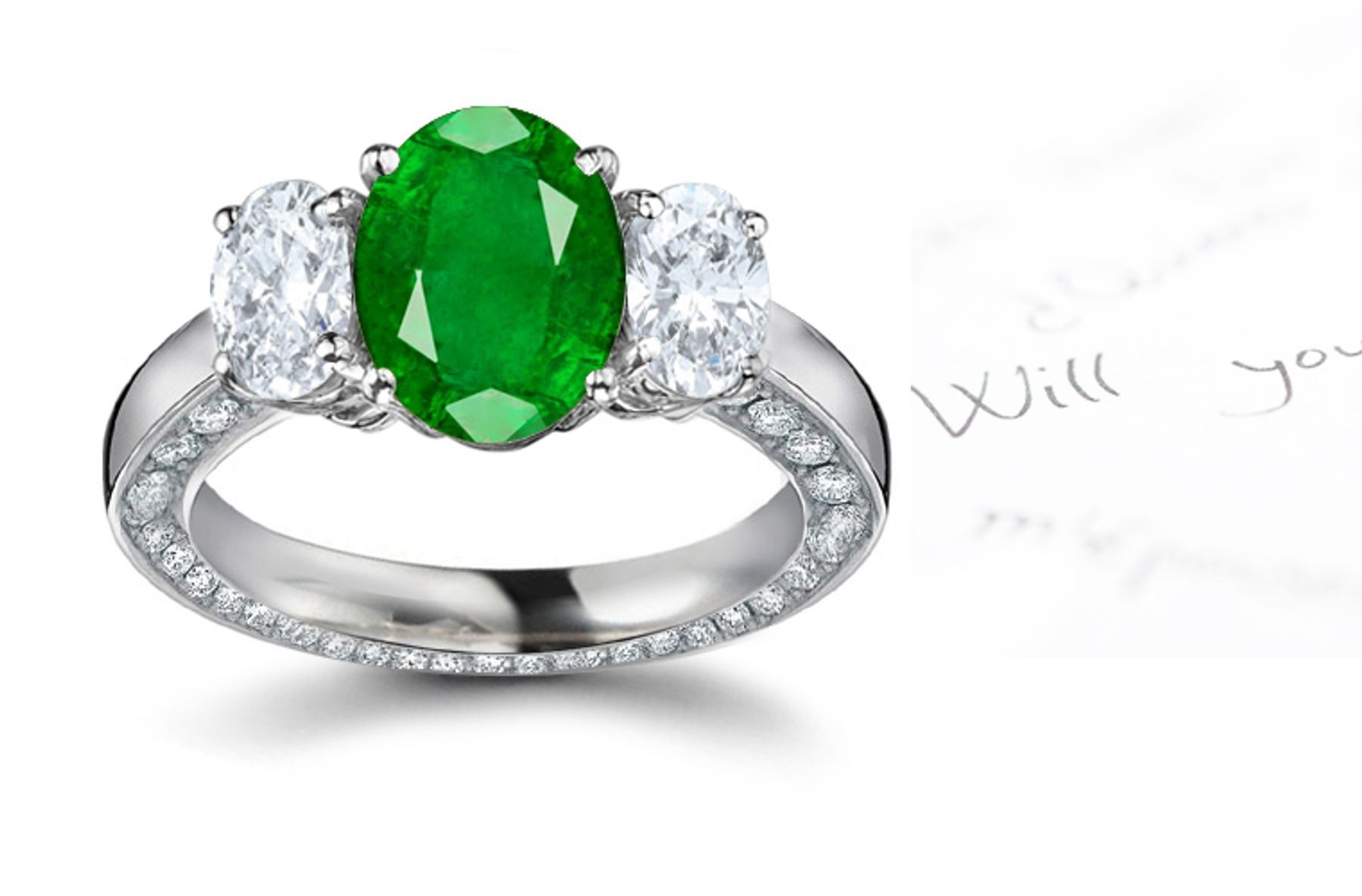 Renowned Emeralds: This is a Proven 3 Stone True Oval Emerald & Genuine Diamond Halo Light Gold Ring 