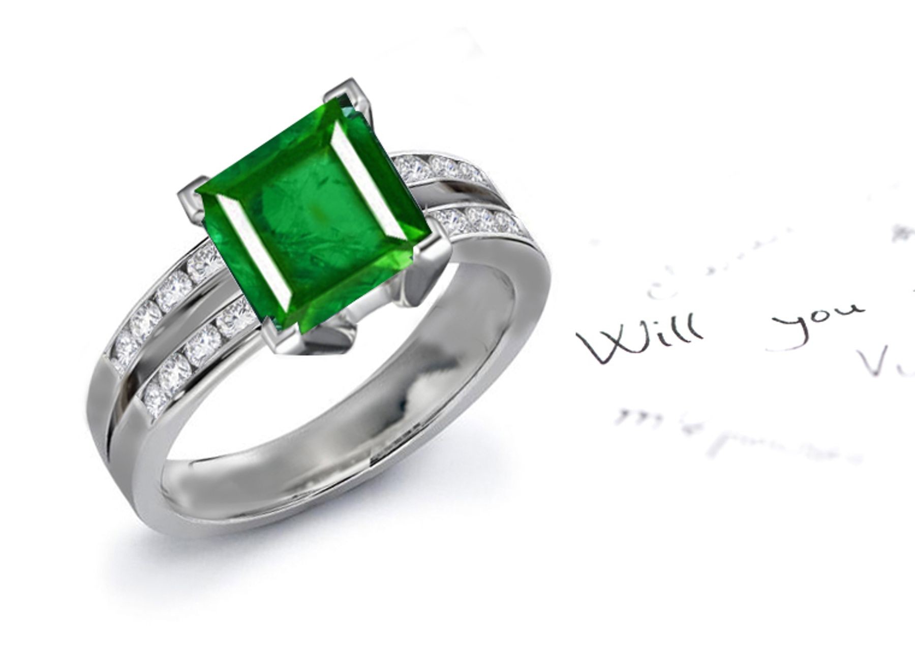 Graceful & Elegant Solitaire Princess Cut Emerald Gem & Diamond Chevron Ring