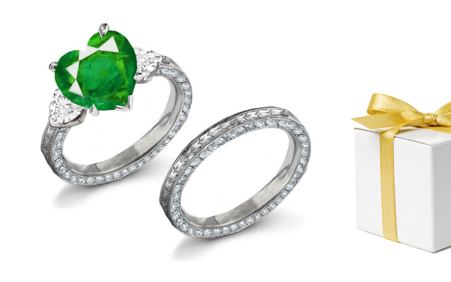 Endless Love 3 Stone Square Natural Emerald & Heart Diamond Halo Ring & Matching Genuine Diamond Halo Gold Band