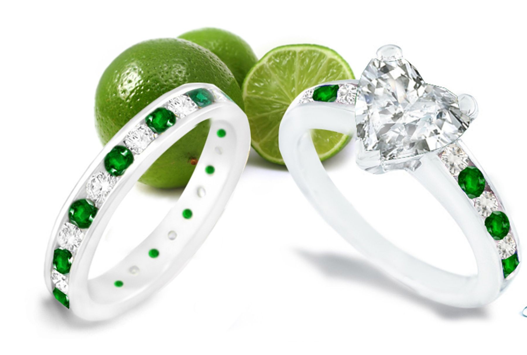 Eternal Love: Heart Diamond & Emerald Solitaire Ring and Gold Matching Band Creating