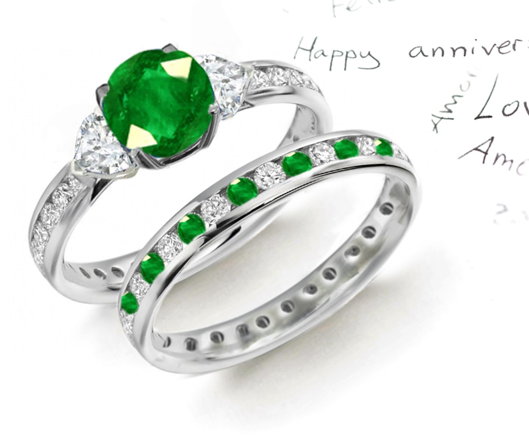 Create One-of-A-Kind: 3 Stone Emerald & Heart Diamond Ring & Wedding Band