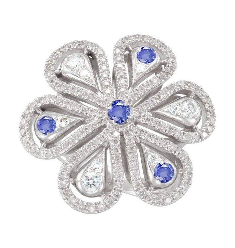 Platinum & Gold Special Design Artisan, Micropave, "Vibrant" Sapphire Diamond Flower Diamond Petal Ring