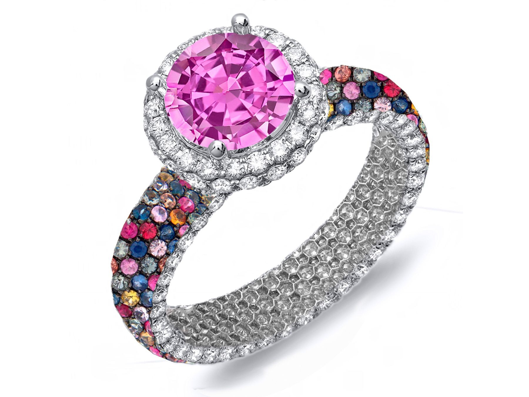 Delicate Micro Pave Cluster Diamond & Multi-Colored Precious Stones Rubies, Emeralds & Blue, Pink, Purple, Yellow Sapphires