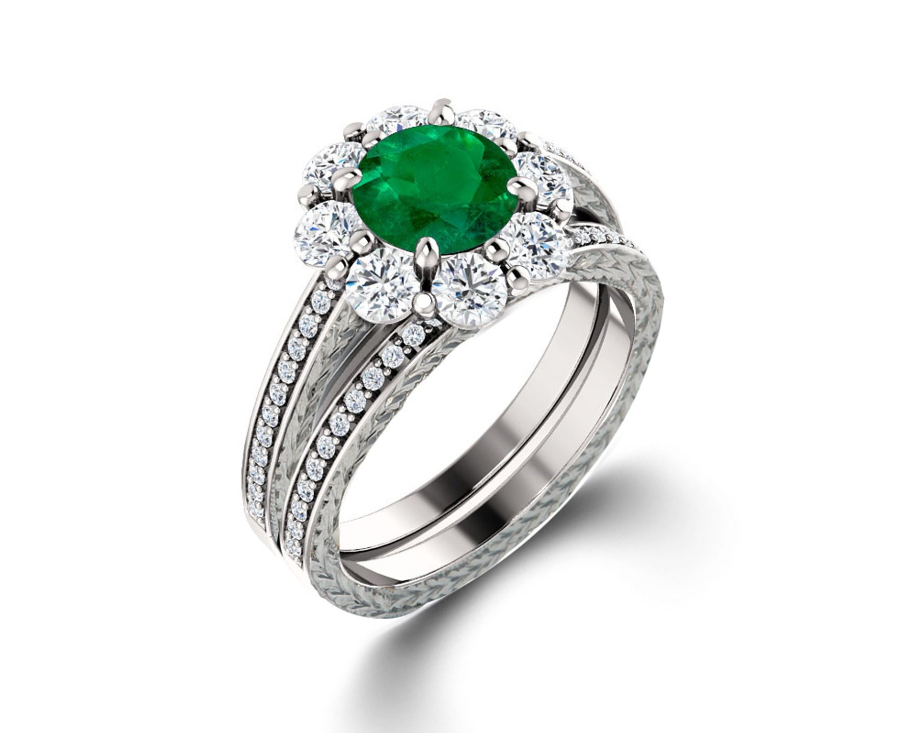 Delicate Micro Pave Halo Vivid Flower Bloom Green Emerald & Diamond Engagement Rings