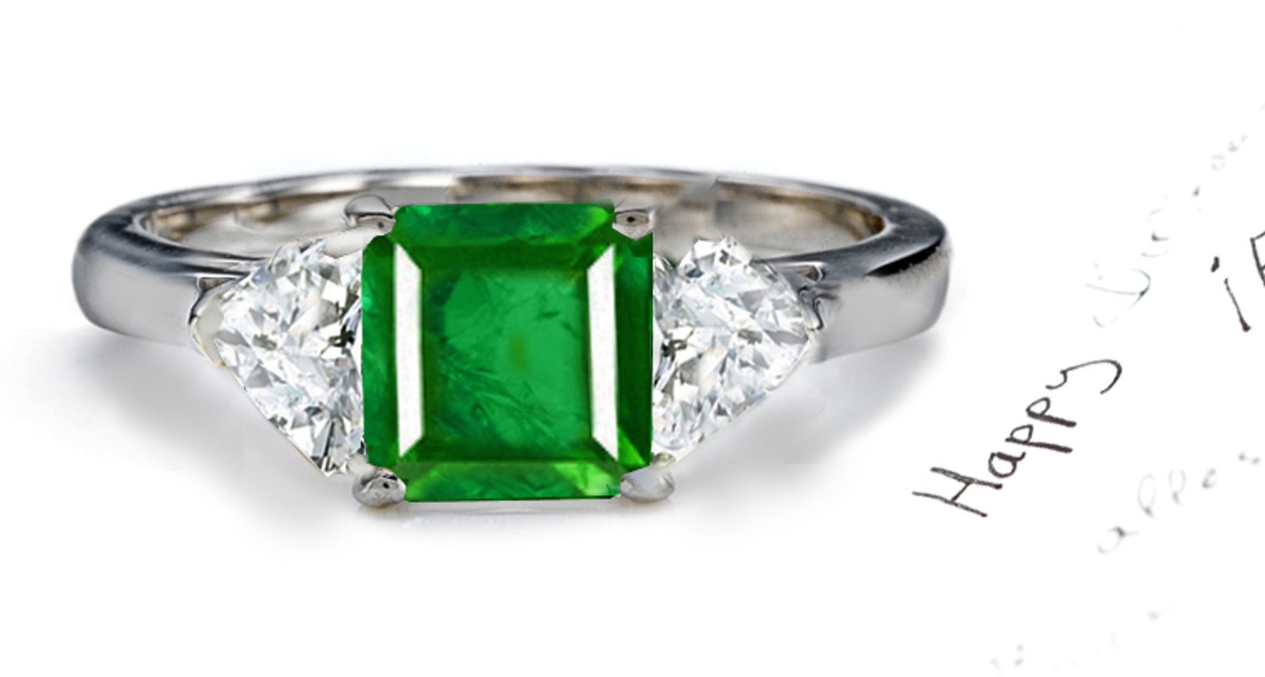 Three Stone Half Hoop Rings: Special 3 Stone 2 Matched Side Stone Princess Cut Emerald & Heart Diamond Hoop Ring