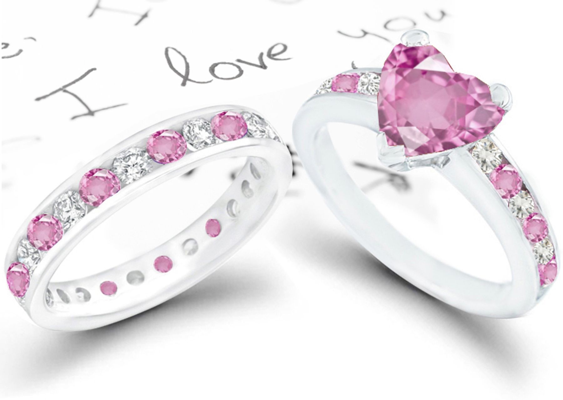Heart Pink Sapphire & Diamond Engagement Ring & Wedding Ring