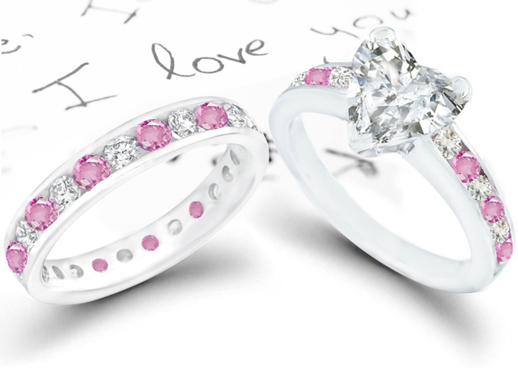 Heart Diamond & Pink Sapphire Engagement & Wedding Rings