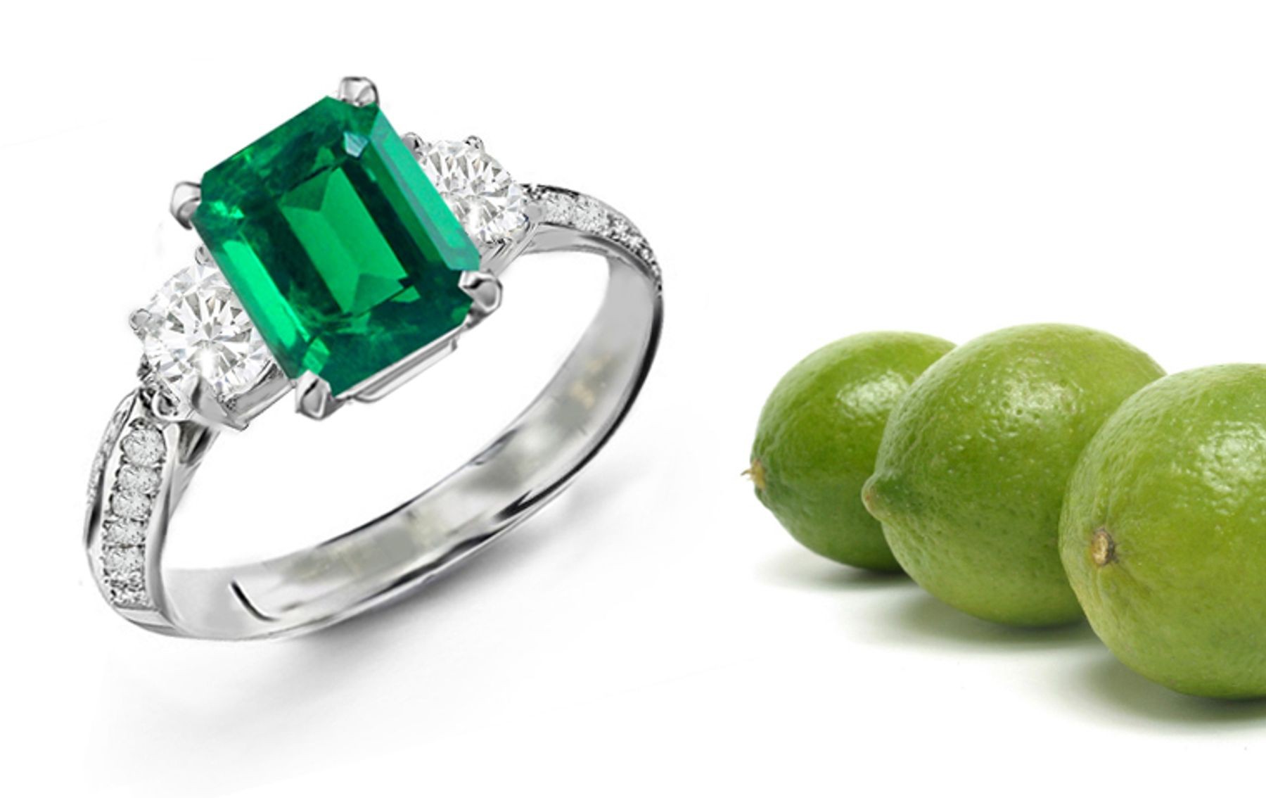 Diamond Hoop Rings: Center Emerald Cut Emerald & Brilliant Round Diamond Emerald Three Half Hoop Stone Ring