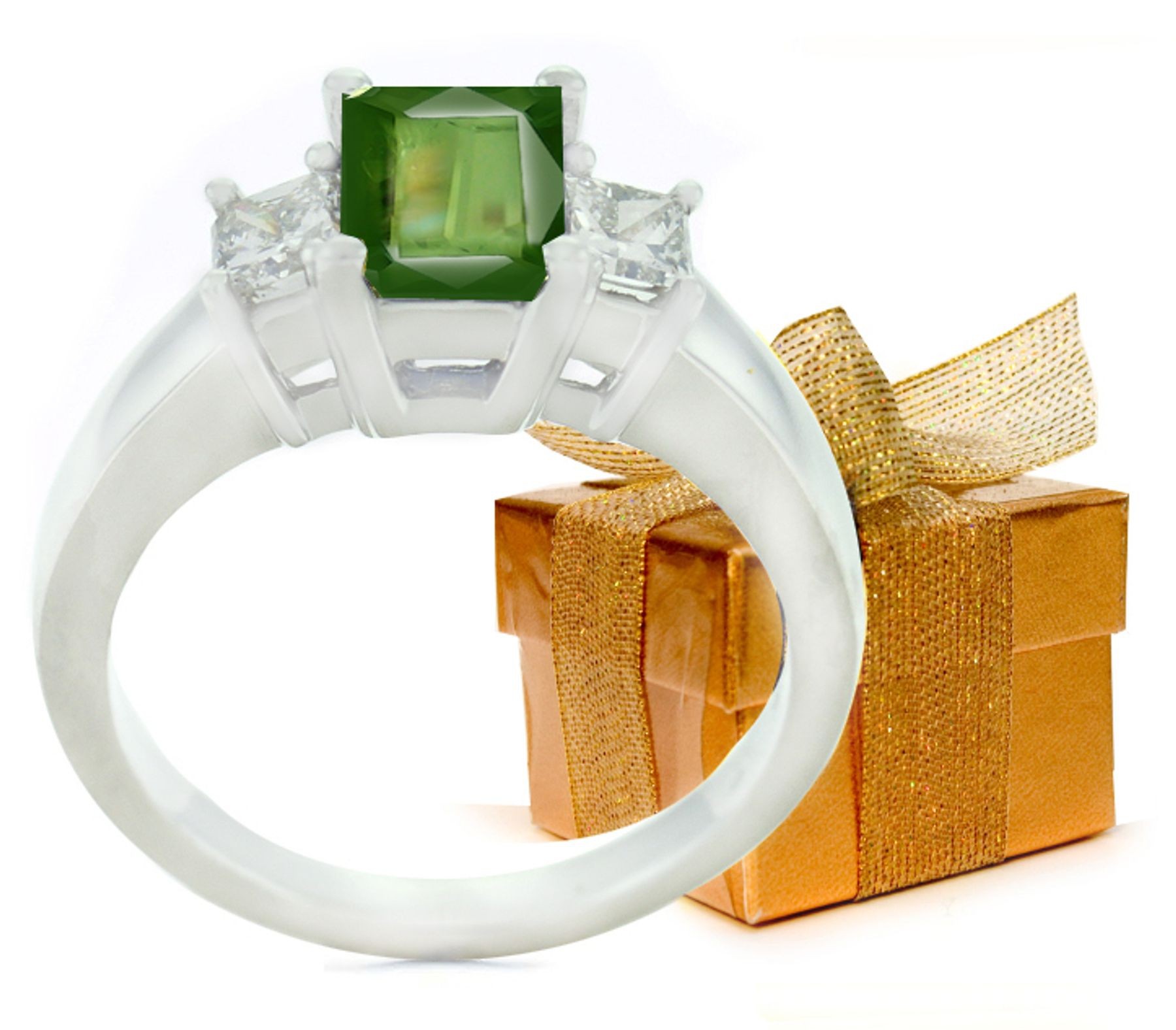 Emerald-Cut Green Sapphire Three Stone Engagement Ring with Emerald-Cut Diamonds in 14k White Gold
