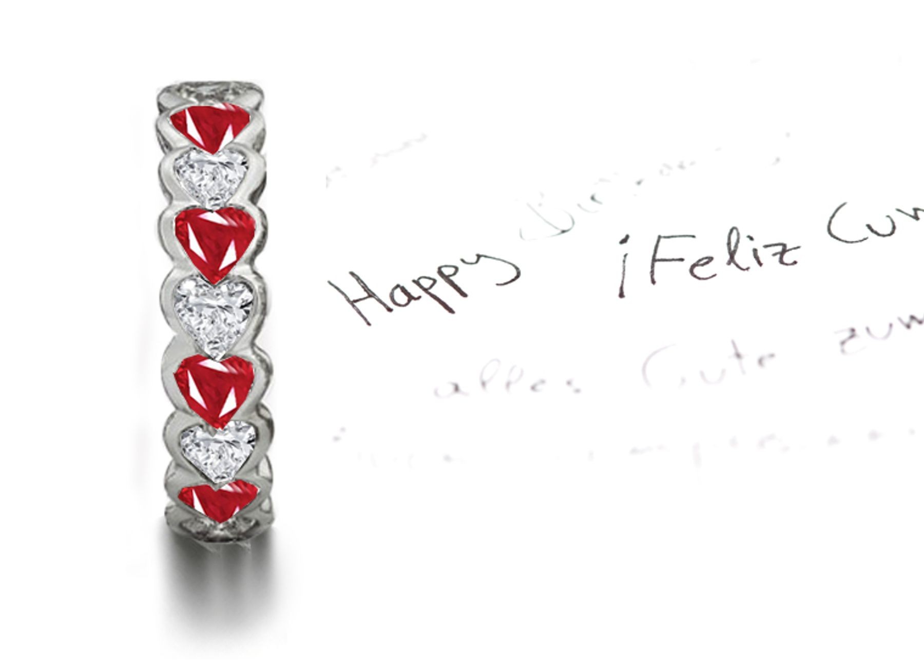 Love Stories: Semi-Bezel Set Heart Ruby & Heart Diamond Band in Platinum or Gold