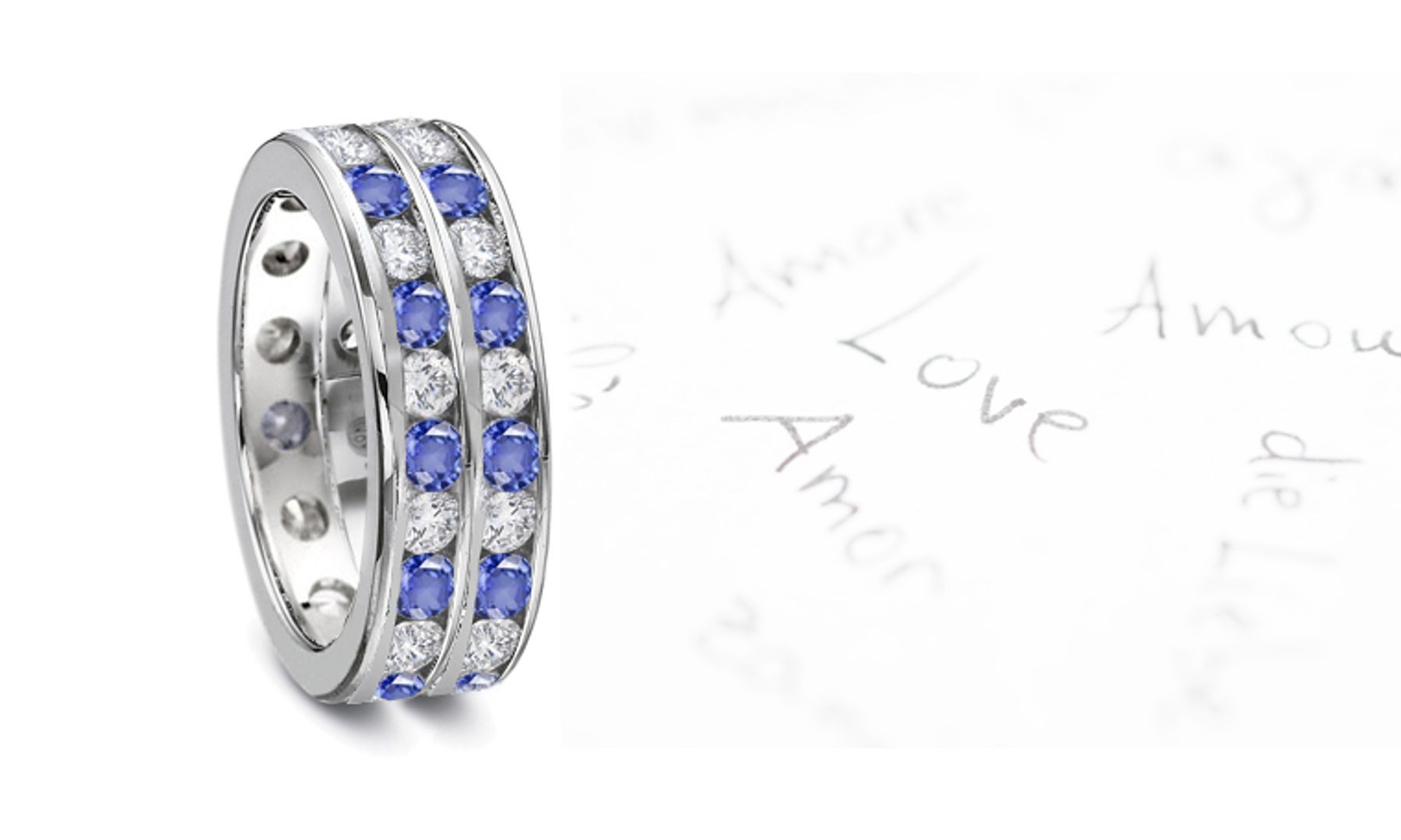 Teal Blue Sapphire & Diamond Double Row Channel Set Eternity Ring