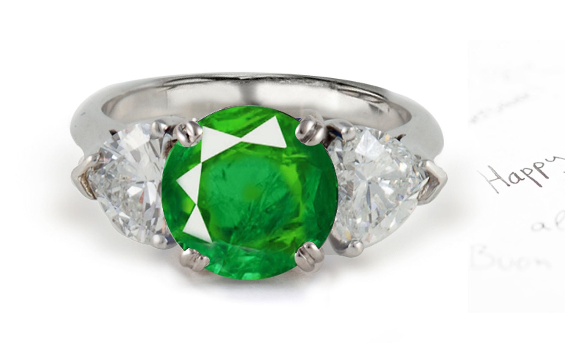 Simple Designs: Natural Emerald With Genuine Diamonds Three-Stone Ring in 14k White Gold & Platinum
